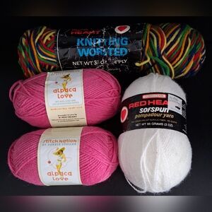 NWT Lot Of 4 Red Heart Pink/White/Rainbow Alpaca & Wool Blend Knit Craft Yarn